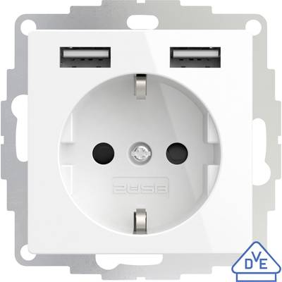 Witte stopcontact met twee USB-poorten erboven, geschikt voor Europese stekkers, met een blauw DVE-symbool in de hoek.