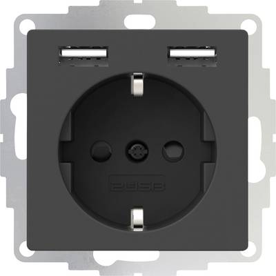 Zwarte stopcontact met twee geïntegreerde USB-poorten, gemonteerd op een metalen frame. Geschikt voor het gelijktijdig opladen van meerdere apparaten.