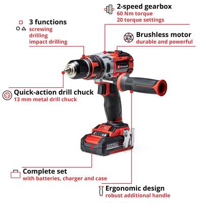 Accu-boormachine met 2-versnellingsbak, borstelloze motor. Functies: schroeven, boren, klopboren. Inclusief toebehoren.