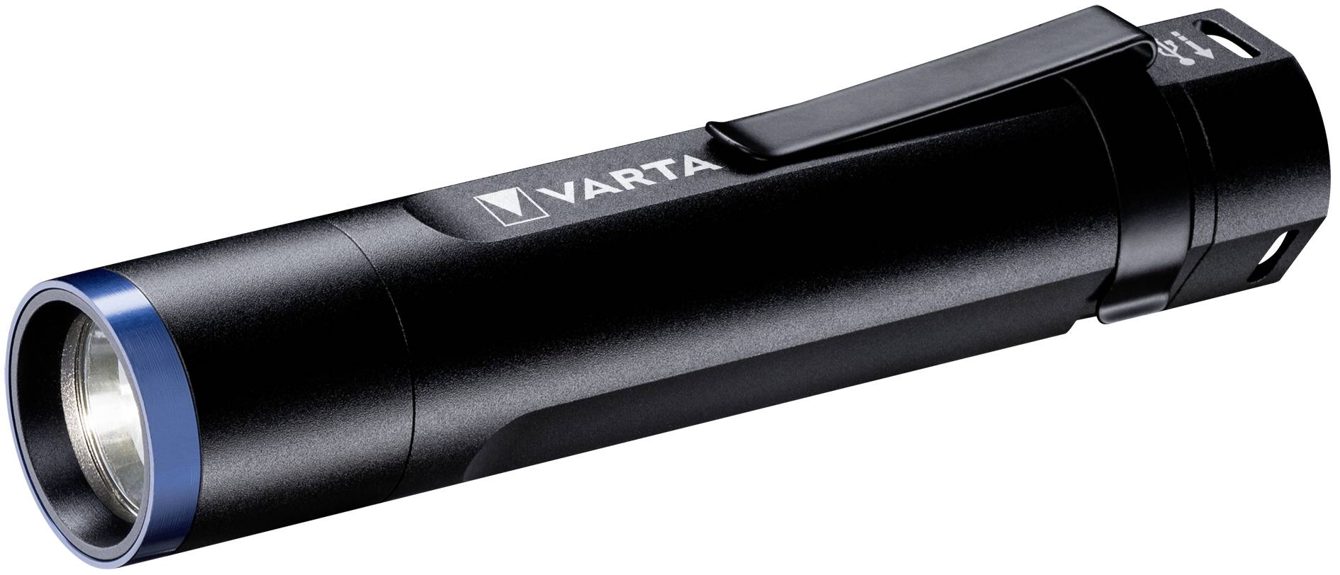 Een zwarte zaklamp met blauwe rand aan de kop, clip aan de zijkant. Opschrift 'Varta' op de behuizing.