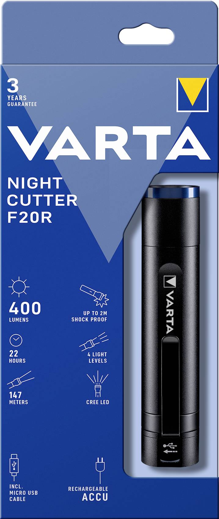 'Varta Night Cutter F20R' zaklamp met 400 lumen, 147 meter reikwijdte, 22 uur looptijd en 4 lichtmodi. Oplaadbaar.