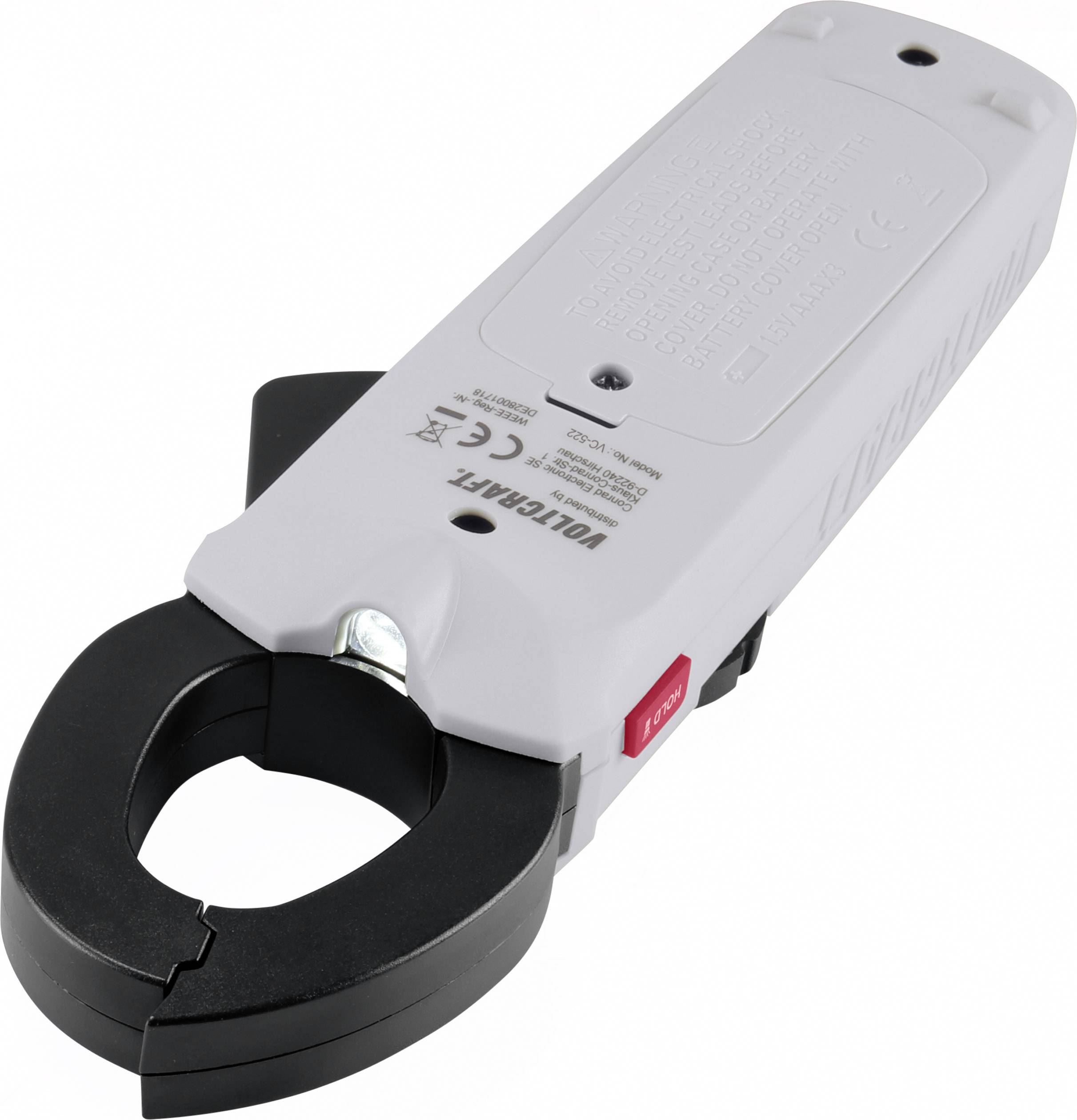 De afbeelding toont een grijze stroomtang met een rode knop aan de zijkant. Hij is licht geopend en heeft een LED-lampje bovenaan.