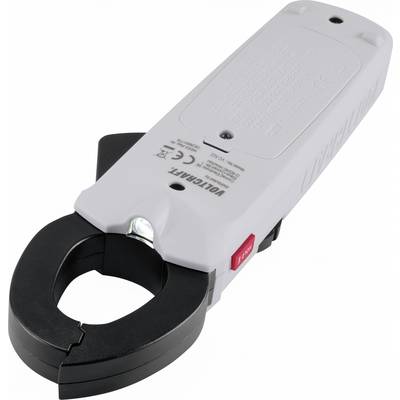 De afbeelding toont een grijze stroomtang met een rode knop aan de zijkant. Hij is licht geopend en heeft een LED-lampje bovenaan.