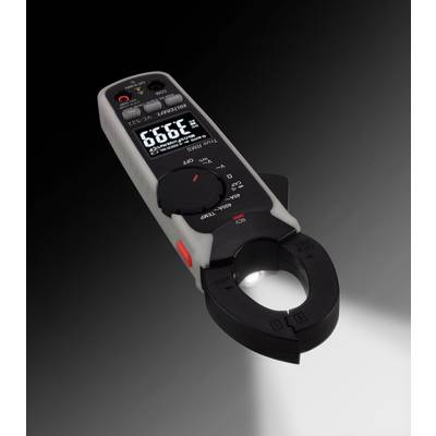 Een digitale stroomtangmeter toont '239.9' op een verlicht display. Het apparaat heeft een zwarte en witte behuizing.