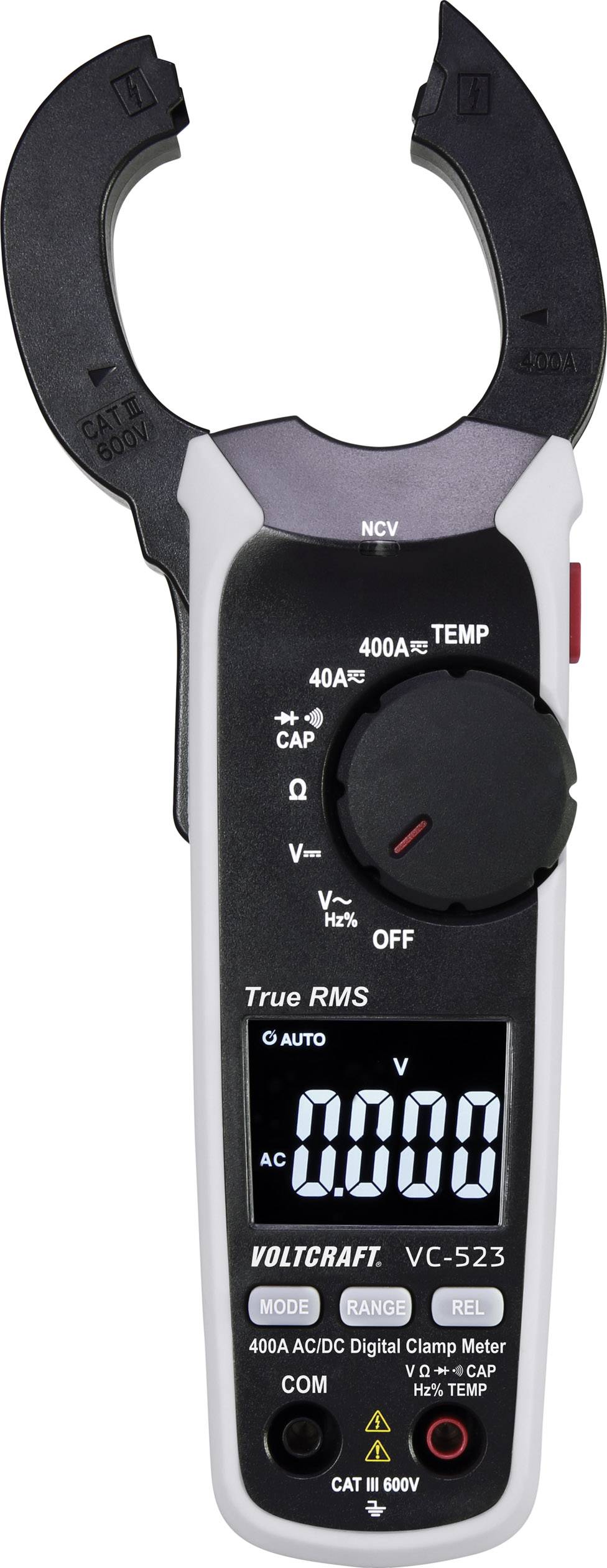 Digitale klemmetenmeter met groot display, meet stroom, spanning en temperatuur. Geschikt voor AC/DC en True-RMS metingen.