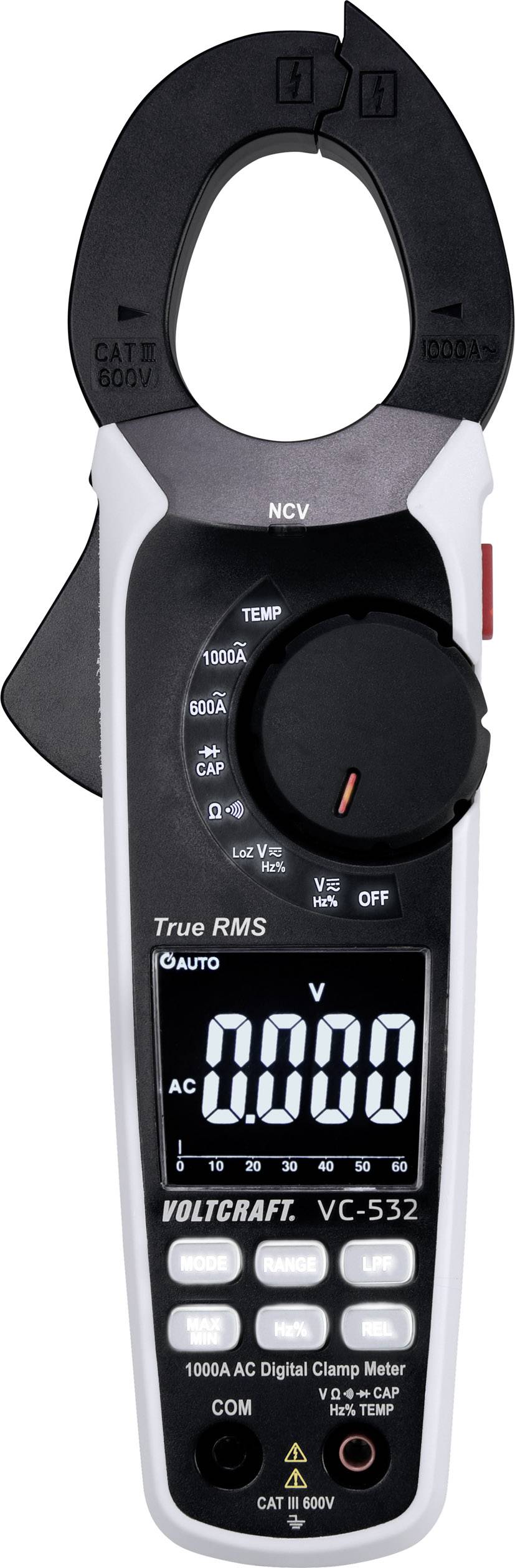 Digitale klemmetester met LCD-display, meetmodi en draaiknop, merk 'Voltcraft VC-532', voor stroom- en spanningsmetingen.