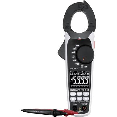 Digitale tang-multimeter met display, toont 0,00 voor gelijkstroommetingen. Beschikt over meerdere meetmodi en rode meetsondes.