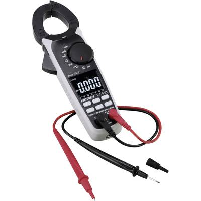 Digitale multimeter met klempsensor en twee meetleidingen, rood en zwart, voor stroom- en spanningsmetingen.