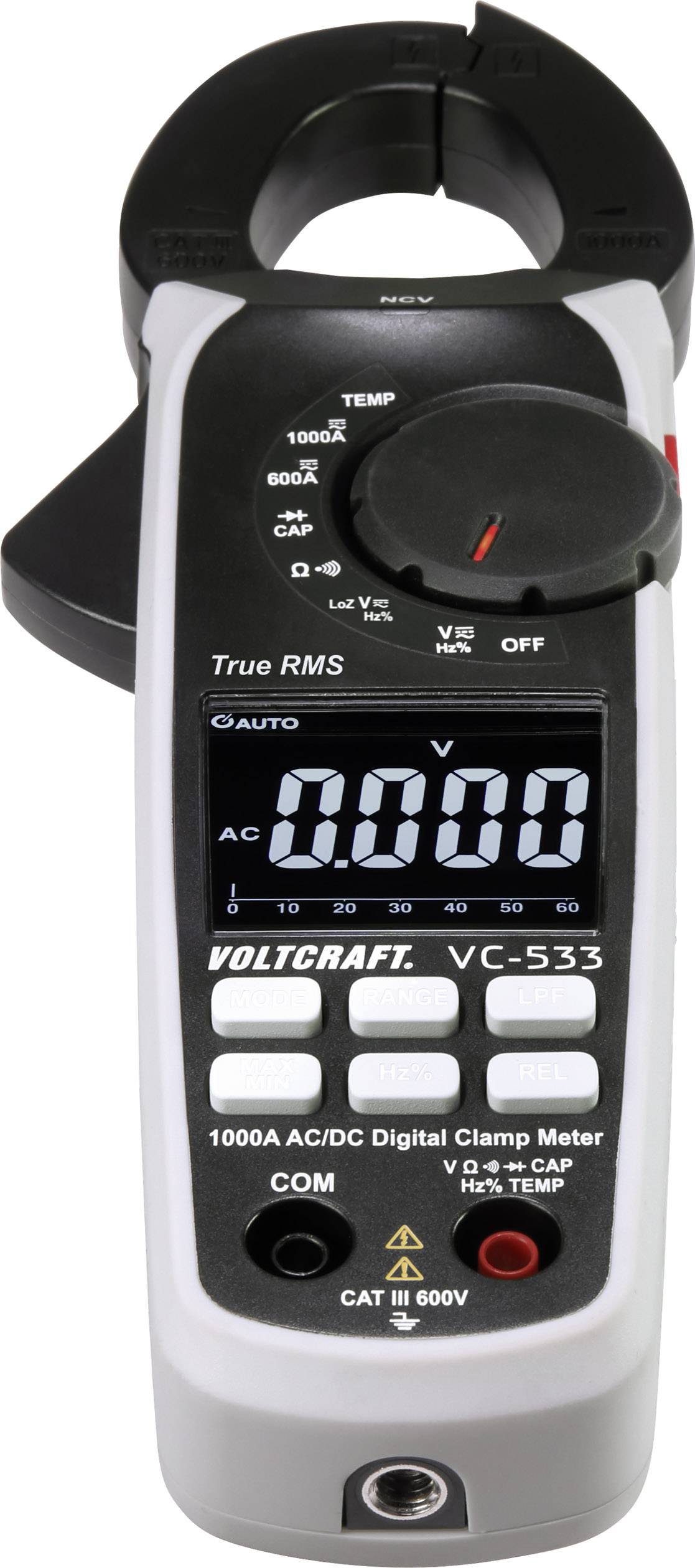 'Een digitale multimeter van het merk Voltcraft, model VC-533, toont een meting van 0,000 V op een display. Het heeft verschillende schakelaars en aansluitingen voor meetfuncties.'