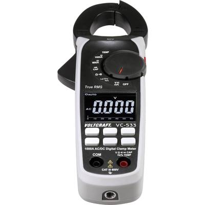 'Een digitale multimeter van het merk Voltcraft, model VC-533, toont een meting van 0,000 V op een display. Het heeft verschillende schakelaars en aansluitingen voor meetfuncties.'