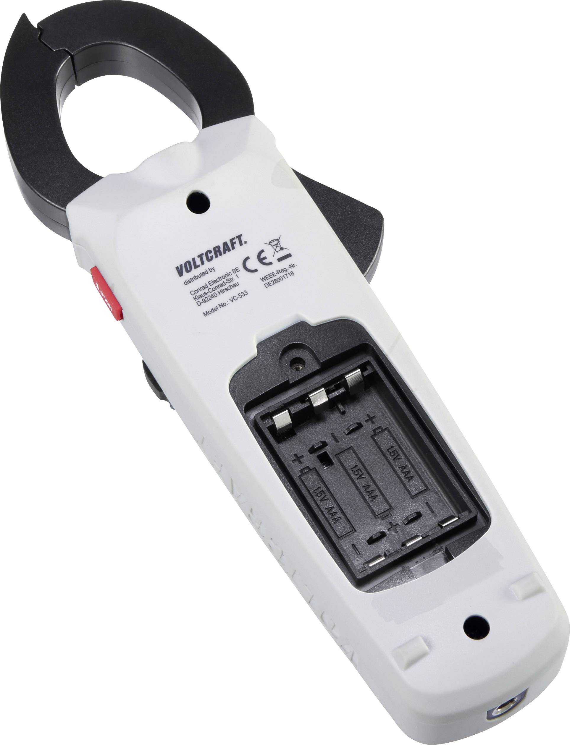 Witte voltmeter met open achterkant en zichtbaar batterijvak. Gemarkeerd met CE-keurmerk en nummers op de achterzijde.