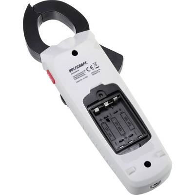 Witte voltmeter met open achterkant en zichtbaar batterijvak. Gemarkeerd met CE-keurmerk en nummers op de achterzijde.