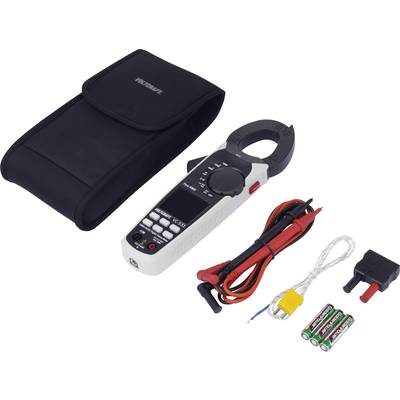 Digitale multimeter met koffer, kabels, batterijen en toebehoren. Hoofdapparaat met meetklemmen en display. Accessoires voor elektrische metingen.