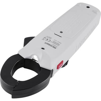 Een elektrische multimeter met ampèretang, gebruikt voor het meten van stroomsterktes in kabels, op een witte achtergrond.