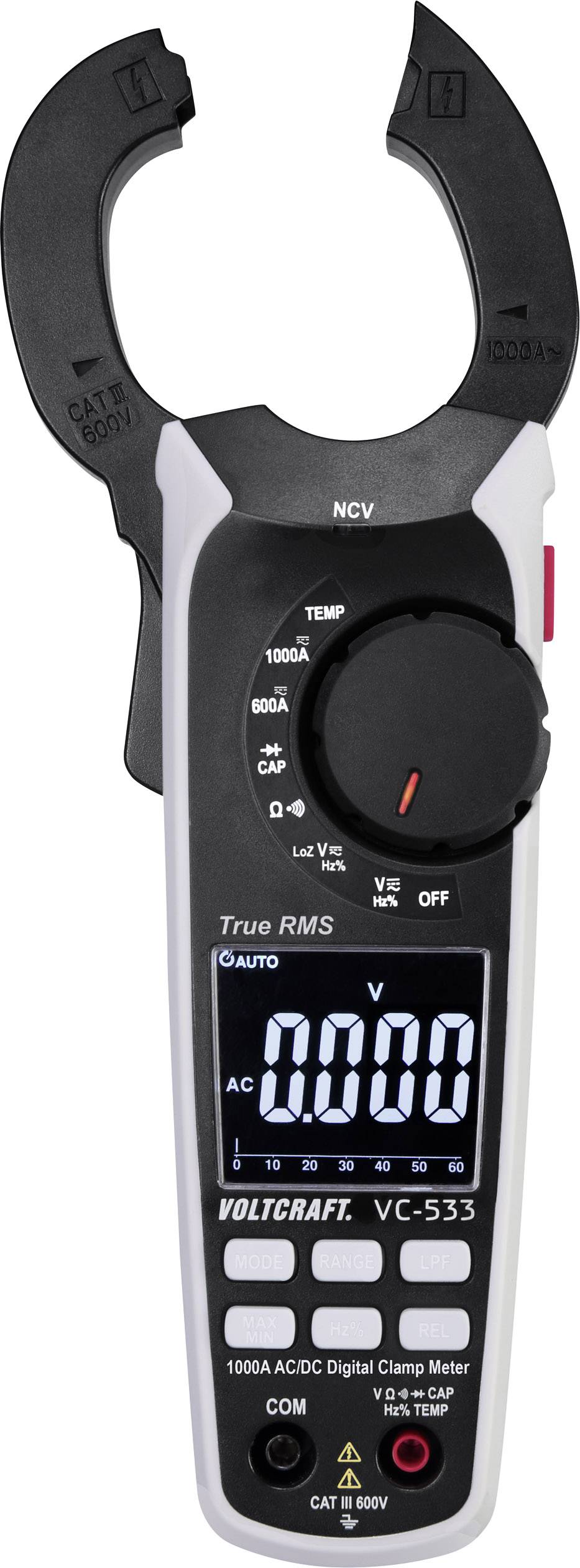 Een elektronische stroomtang multimeter toont '0.00 AC' op het display. Het heeft verschillende meetfuncties voor spanning en stroommetingen.