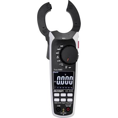 Een elektronische stroomtang multimeter toont '0.00 AC' op het display. Het heeft verschillende meetfuncties voor spanning en stroommetingen.