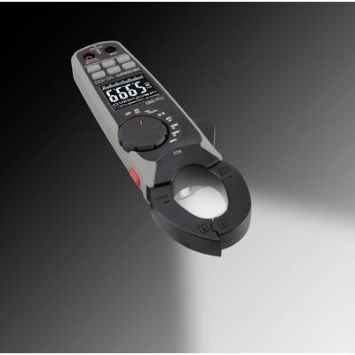 Digitaal stroommetingsapparaat met klempsensor, geplaatst op een grijze achtergrond, toont meetwaarden op een verlicht display.