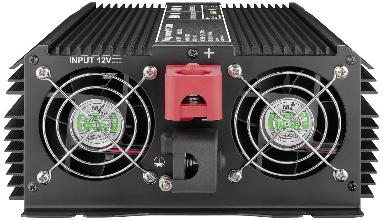 Een 12-volt-omvormer met twee ventilatoren aan de voorkant.