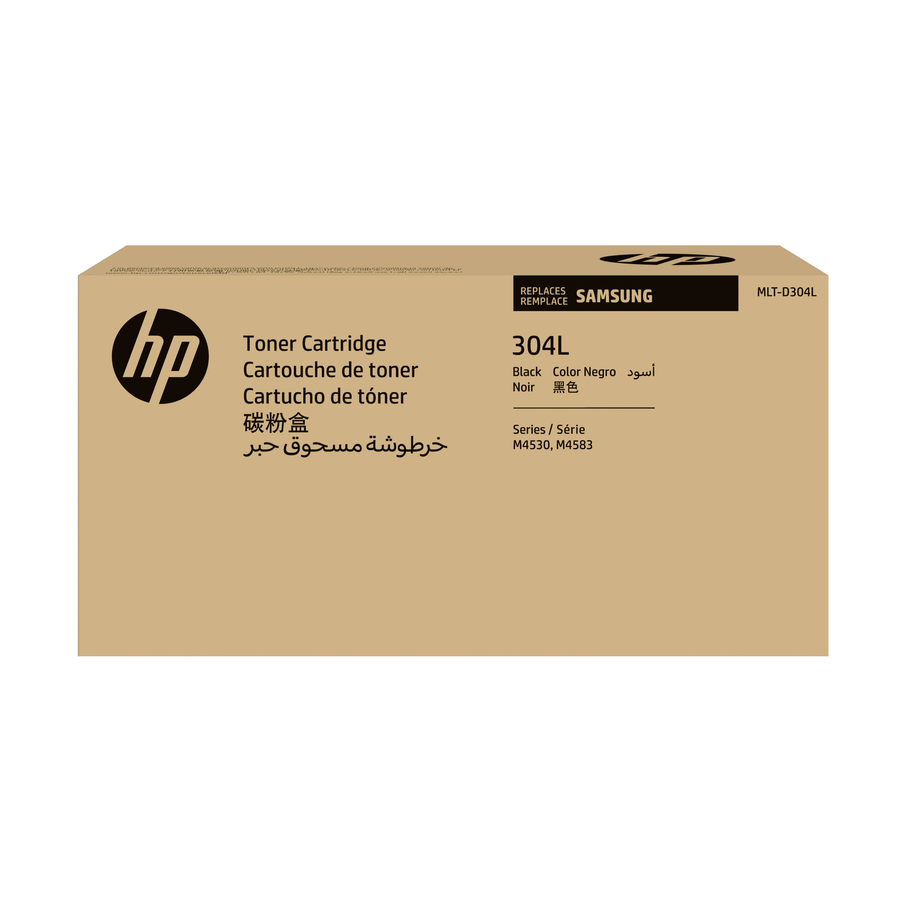 HP tonerpatroonverpakking gelabeld '304L' voor Samsung M4530/M4583-printers, zwart, met meertalige tekst.