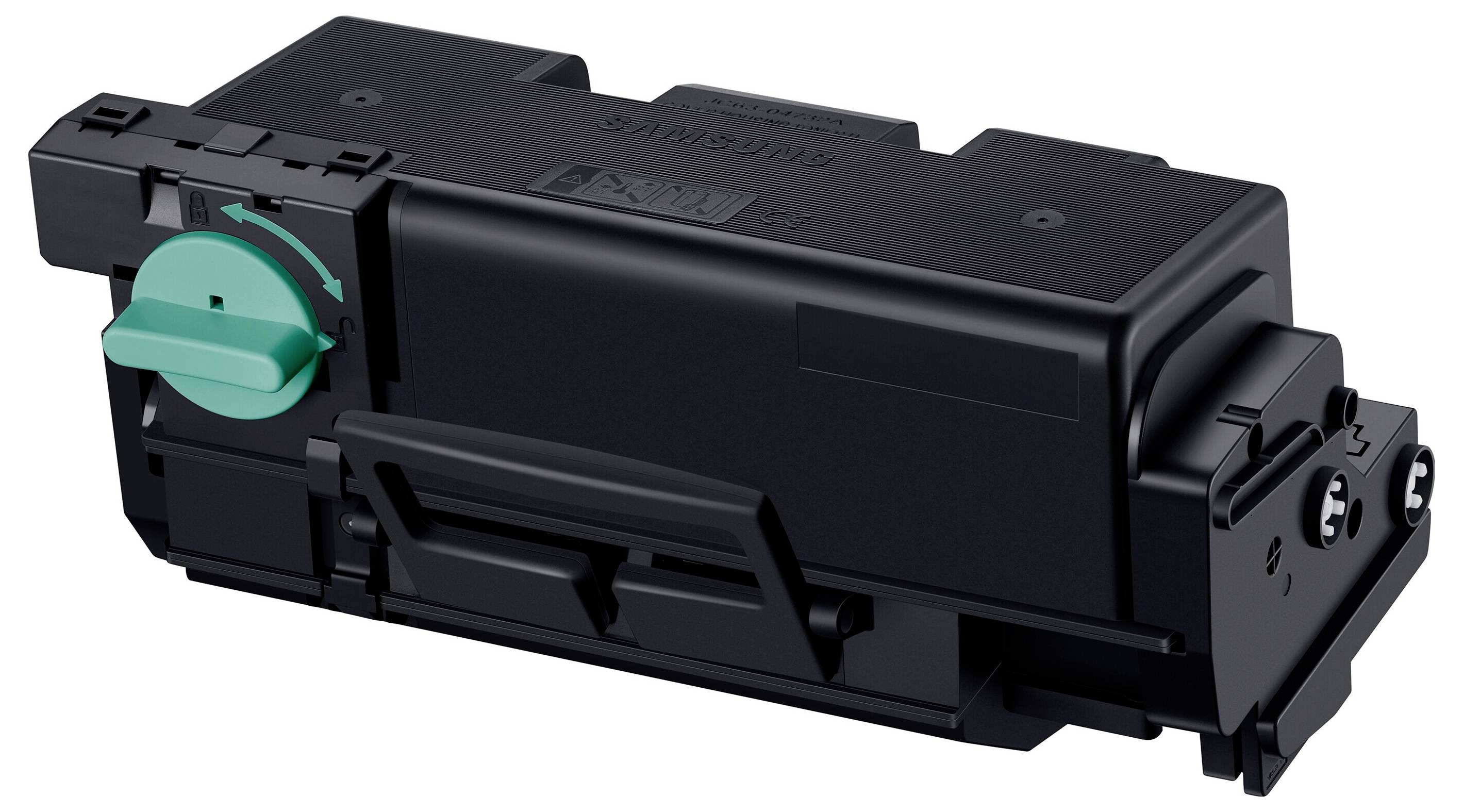 Zwarte printertoner-cartridge met een turquoise trekstrip aan de linkerkant, weergegeven in driekwartaanzicht op een witte achtergrond.