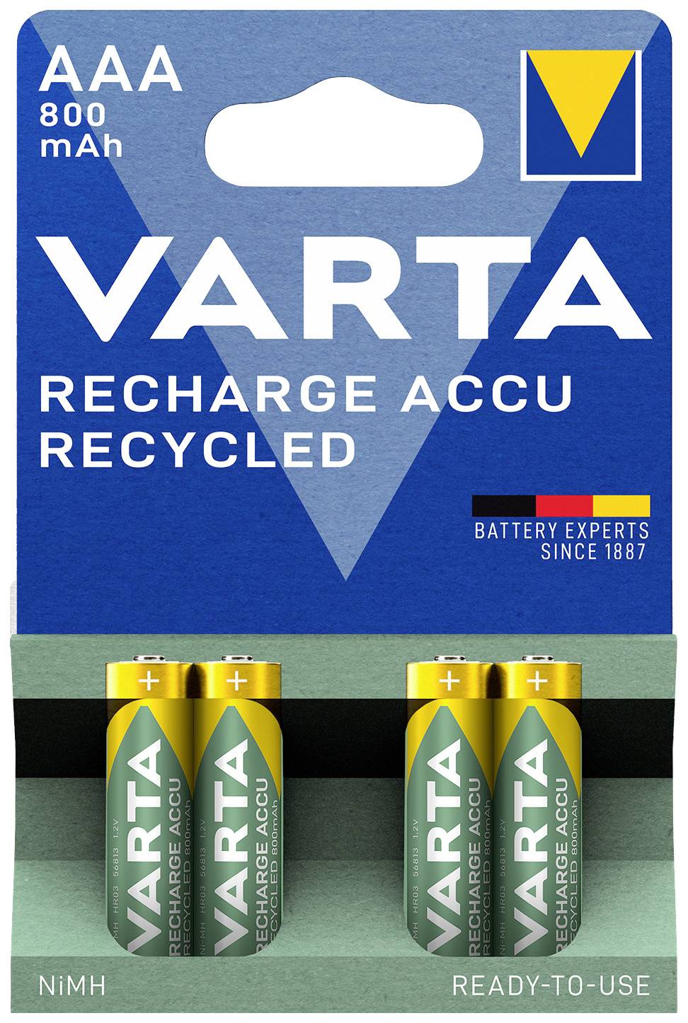 'Varta Recharge Accu Recycled' batterijen, AAA-formaat, 800 mAh, twee stuks in blisterverpakking, benadrukt recycling en oplaadbare functie.