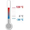 Thermometer met schaal van -30°C tot 120°C, waarbij een verloop van blauw aan de onderkant naar rood aan de bovenkant de temperatuurreeks aangeeft.