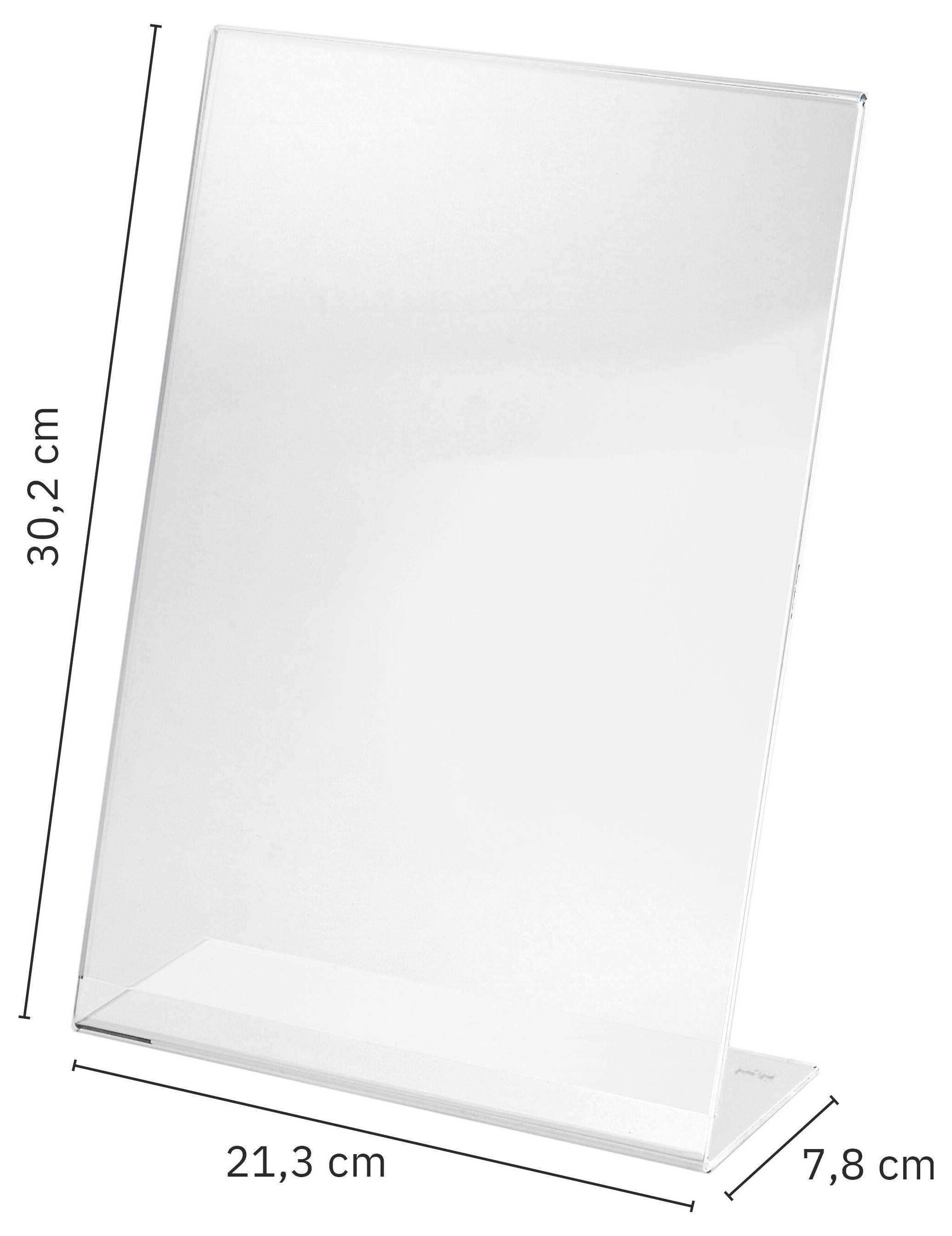 Helder acryl displaystandaard weergegeven in perspectief met aangegeven afmetingen van 30,2 cm hoog, 21,3 cm breed en 7,8 cm diep.