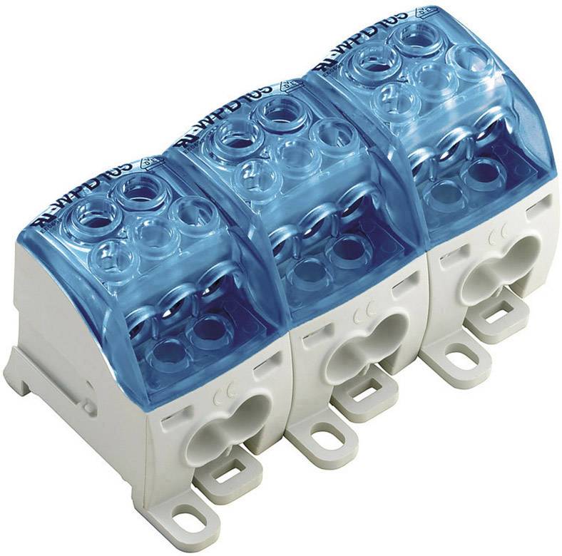 Een wit-blauw elektrisch aansluitklemmenmodule met drie afzonderlijke gebieden voor kabelaansluiting en bevestigingsgaten.