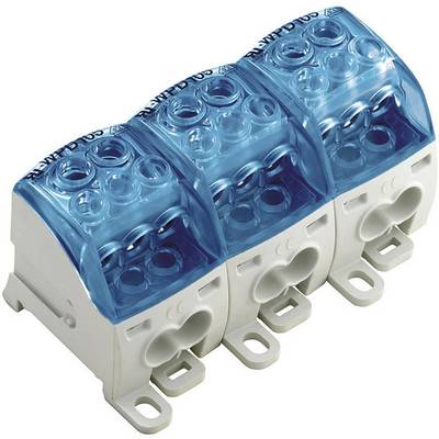 Een wit-blauw elektrisch aansluitklemmenmodule met drie afzonderlijke gebieden voor kabelaansluiting en bevestigingsgaten.