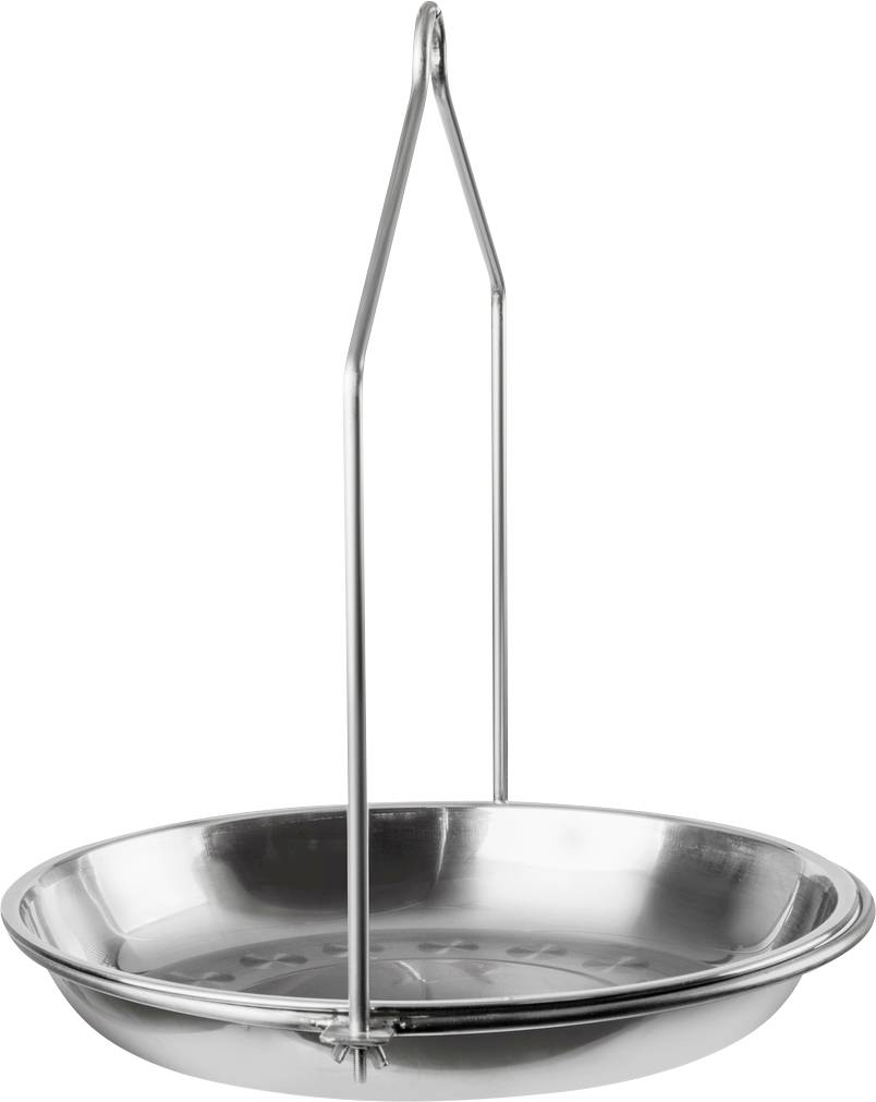 Zilveren metalen balansweegschaal met een rond, diep schaaltje, opgehangen aan een haak. Ideaal voor nauwkeurig wegen.