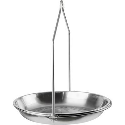 Zilveren metalen balansweegschaal met een rond, diep schaaltje, opgehangen aan een haak. Ideaal voor nauwkeurig wegen.