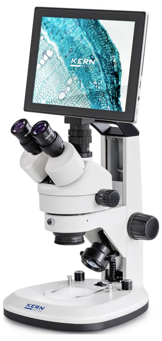 Een wit microscoop met twee oculairs en een display dat een vergrote celstructuur in blauw-groen toont.