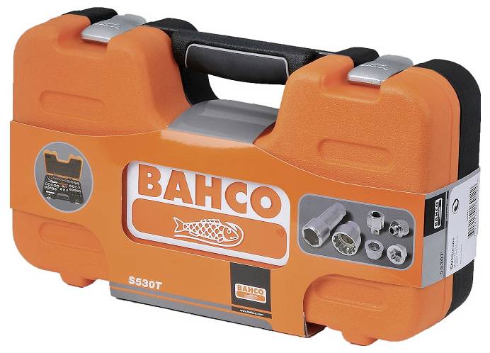 'Bahco S530T dopsleutelset in oranje kunststof koffer met zwarte handgreep. Afbeelding toont dopsleutelinzetten en verpakkingsontwerp.'