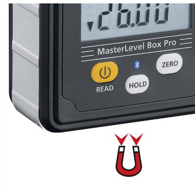 Digitaal hellingmeter met display '-26,06°', toetsen voor 'Read', 'Hold', 'Zero' en Bluetooth-symbool. Magneet-symbool eronder.