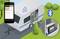 Caravan met geïntegreerde digitale hellingmeter. Smartphone toont hellingshoek. Bluetooth-symbool wijst op draadloze verbinding.