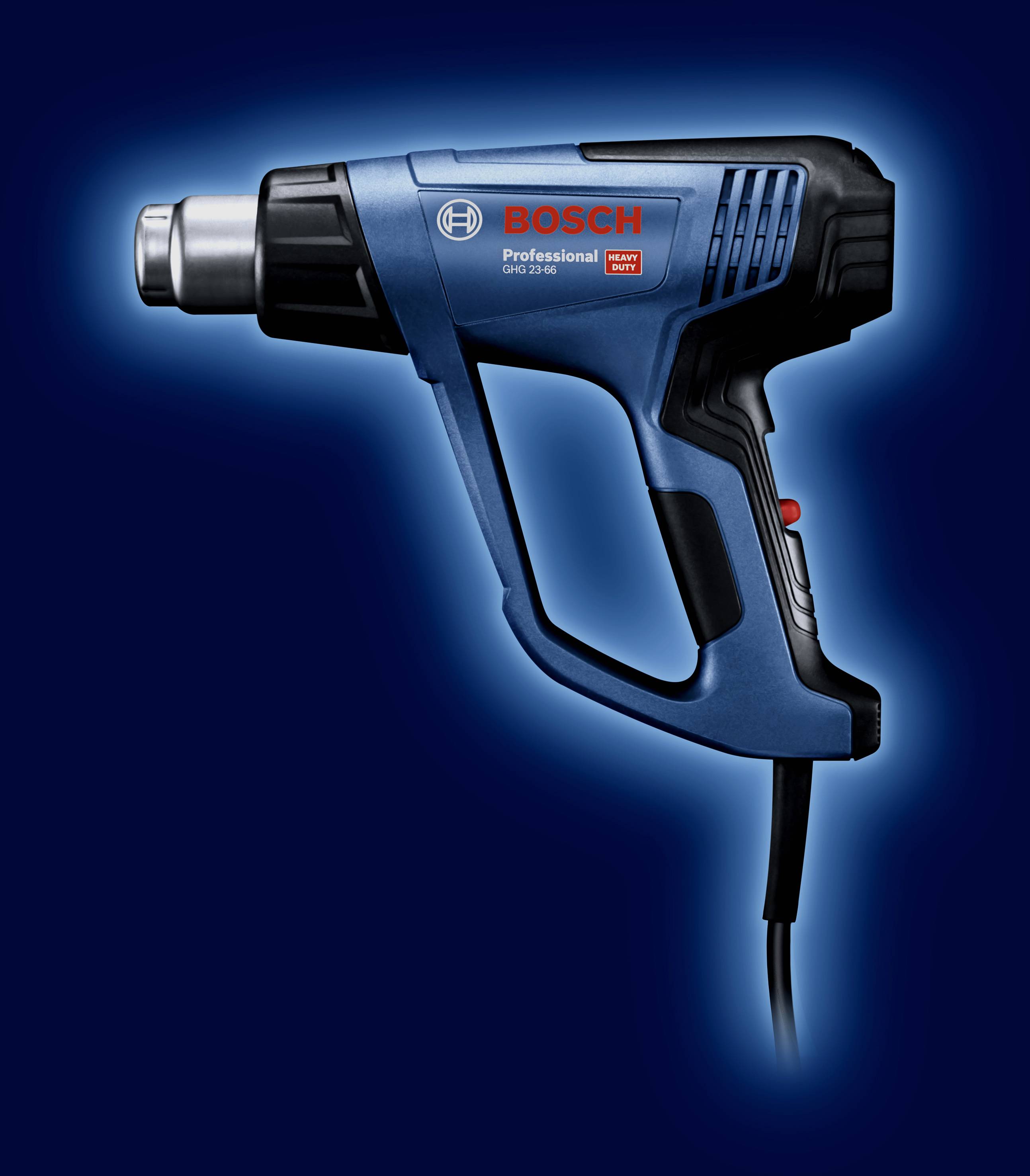 Afbeelding van een blauw Bosch heteluchtpistool van professionele kwaliteit met ergonomische handgreep en kabel, tegen een donkere achtergrond.