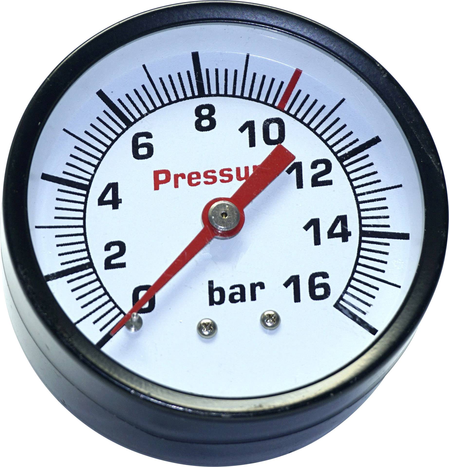 Een drukmeter toont een waarde van 8 bar. De schaal loopt van 0 tot 16 bar, met een gekleurde markering van 10 tot 16 bar.