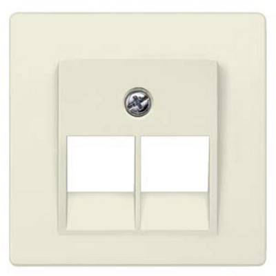 Dubbele wandcontactdoos in crèmekleur met een schroef in het midden voor bevestiging. Ideaal voor gebruik in kantooromgevingen.
