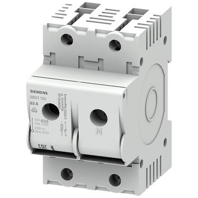 Een grijs-witte vermogensschakelaar van Siemens met markering '63 A' en technische specificaties op de voorkant.