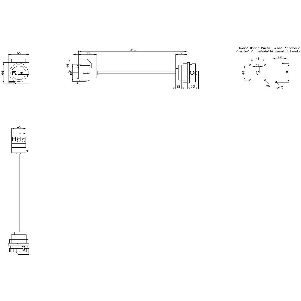 Technische tekening van een deuropener sensor met montagehandleiding. Afmetingen en aansluitingen zijn gedetailleerd weergegeven.
