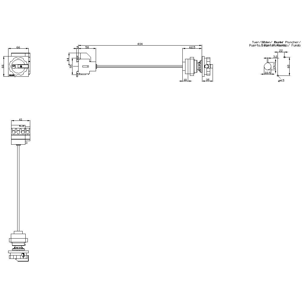 Technische tekening van een mechanisch onderdeel met verschillende aanzichten en nauwkeurige maatvoering in millimeters.