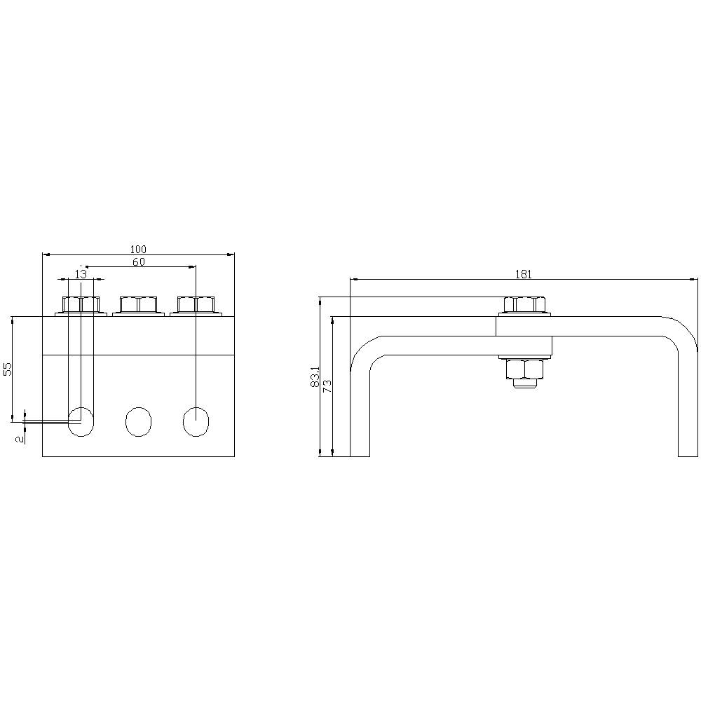 Technische tekening: Twee aanzichten van een metalen onderdeel met afmetingen, vooraanzicht en zijaanzicht, toont boringen en lengtes.