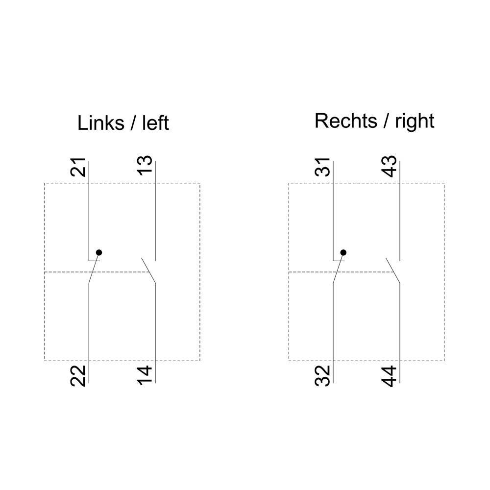 Diagram toont twee kolommen met 'Links/links' en 'Rechts/rechts'. Elke kolom heeft vier genummerde velden: Links (21, 22, 13, 14), Rechts (31, 32, 43, 44).