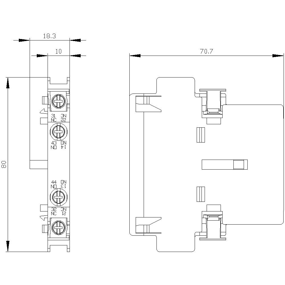 Technische tekening van een elektrisch onderdeel met afmetingen: hoogte 80 mm, breedte 70,7 mm. Schroeven en aansluitingen zichtbaar.
