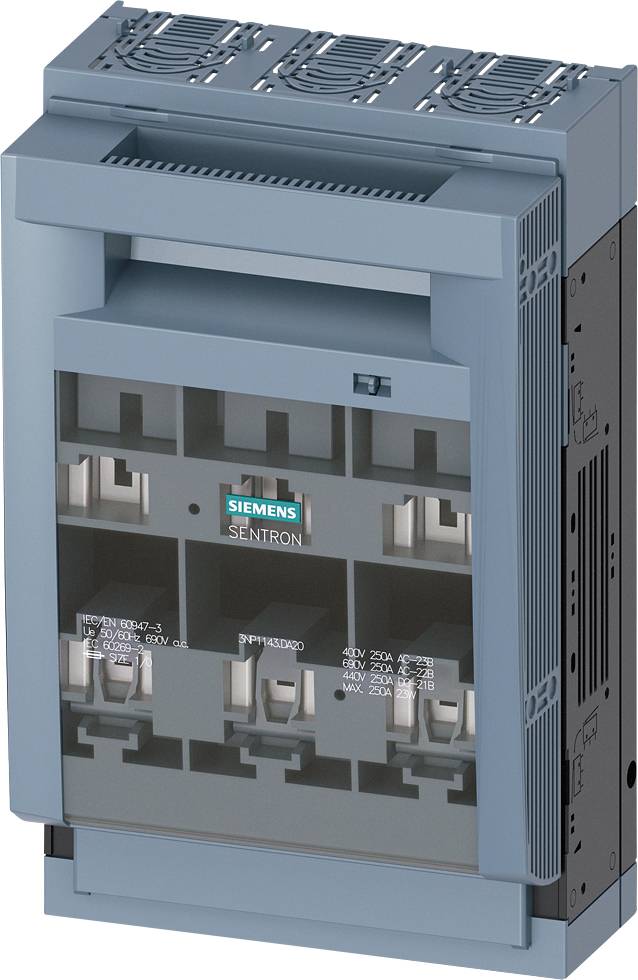 Een blauwe Siemens installatieautomaat van het type Sentron, driepolig, geschikt voor AC 400V-500V, 250 Ampere.