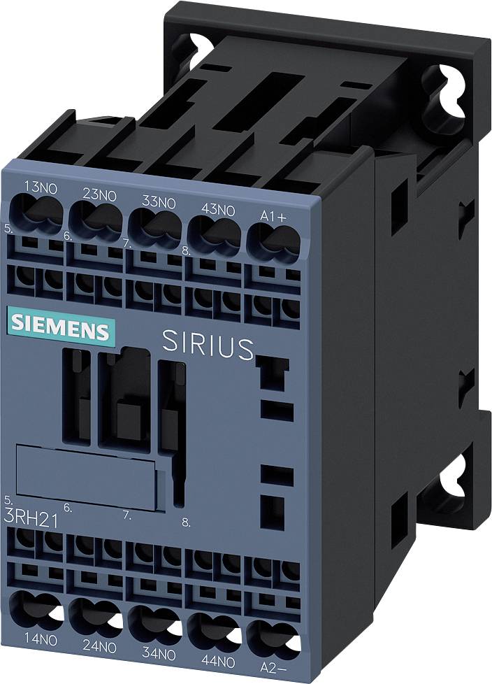 Een elektrische schakelaar van Siemens, model Sirius 3RH21, met meerdere aansluitingsmogelijkheden en zichtbaar Siemens-logo.