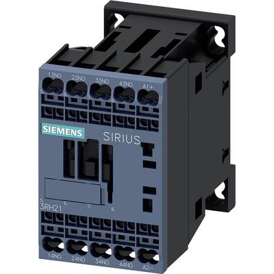 Een elektrische schakelaar van Siemens, model Sirius 3RH21, met meerdere aansluitingsmogelijkheden en zichtbaar Siemens-logo.
