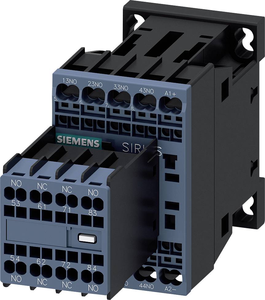 Een elektrisch schakeltoestel van Siemens, model SIRIUS, met meerdere aansluitingen en een robuuste, rechthoekige behuizing.
