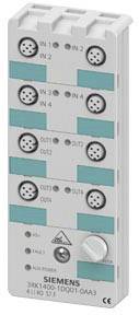 Een wit-grijs elektronisch apparaat met zes ronde aansluitingen die zijn gemarkeerd met 'IN' en 'OUT'. Siemens-logo onderaan.