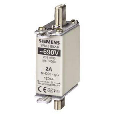 Een cilindrische zekeringsinzetstuk van Siemens met de opdruk '690V, 2A, NH000 - gG'. Vervaardigd in Duitsland.